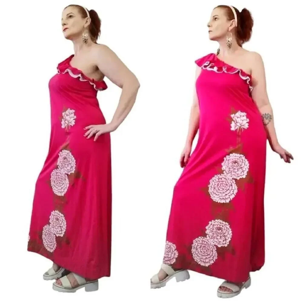 VTG 60s Alfred Shaheen Hand Painted Pink One Shoulder Maxi Dress 10 LG RARE - Picture 7 of 12
